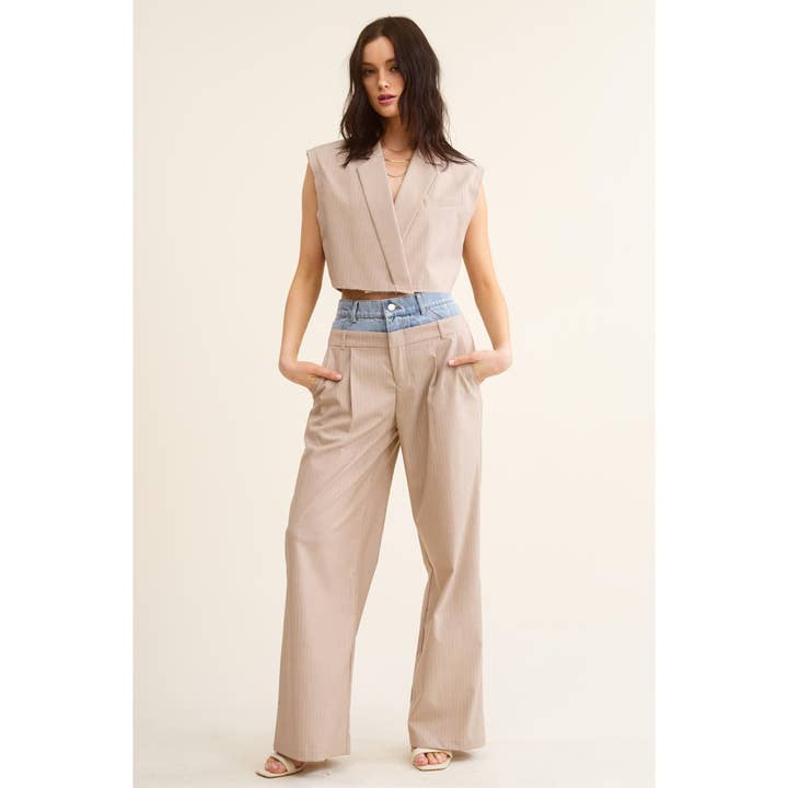 BEIGE Denim Waistband Contrast Stripe Wide Leg Trousers MB5057 for wholesale on Faire21