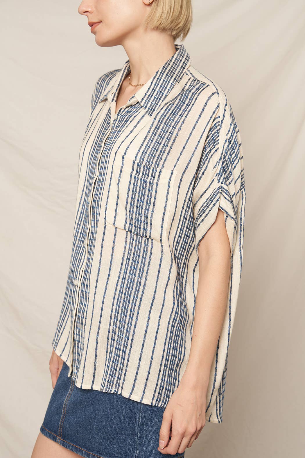 En Crème - Vente Chemise à col boutonné – femme - Haut boutonné rayé à manches courtes8