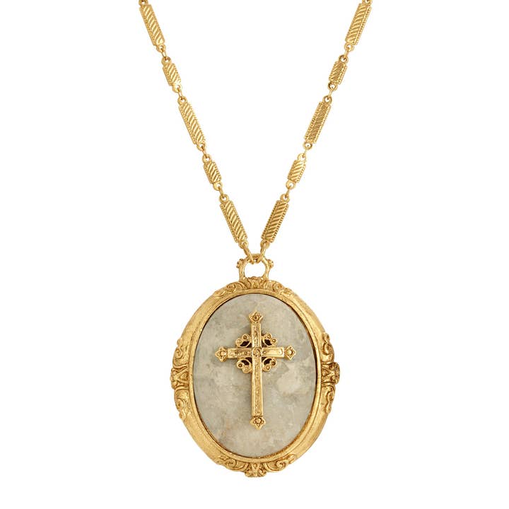 Symbols of Faith Oval Riverstone Cross Pendant Necklace 30" for wholesale by 1928 Jewelry