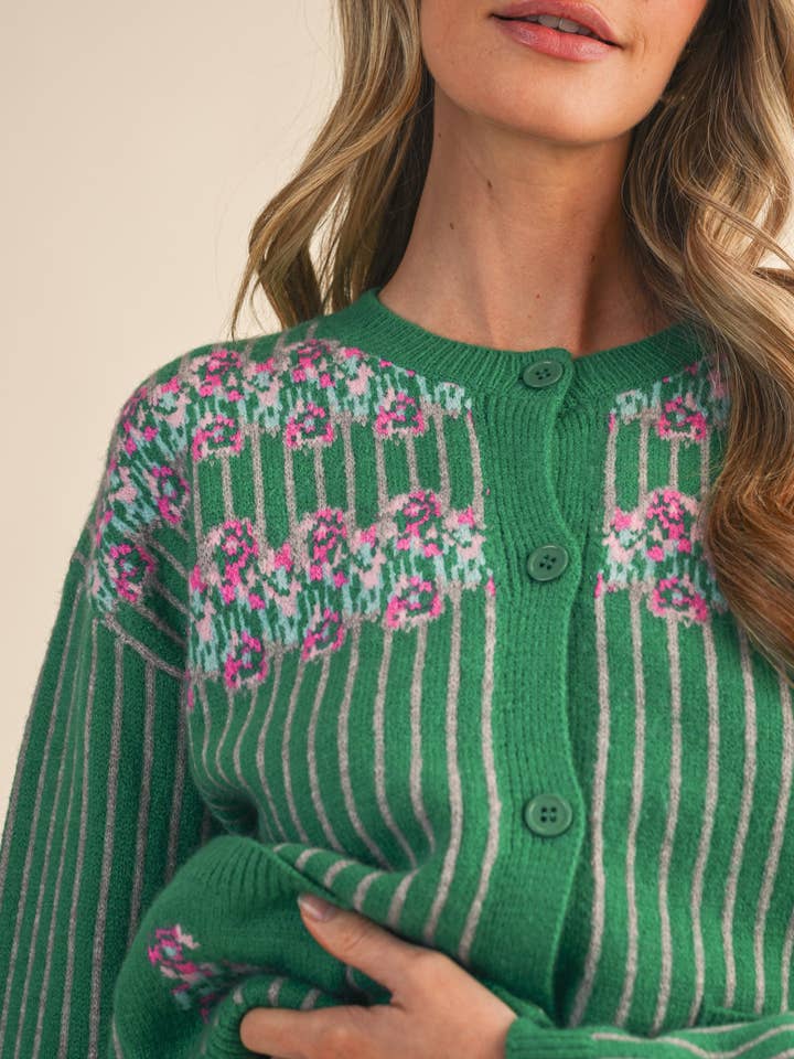 &MERCI - Wholesale Cardigan - Women's - STRIPED FLORAL SWEATER CARDIGAN MSW1105810