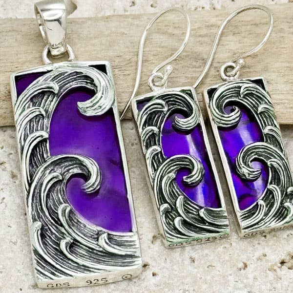 Sterling Silver Wave Pendant & Earrings, Purple Shell for wholesale by Goddess Design Studio