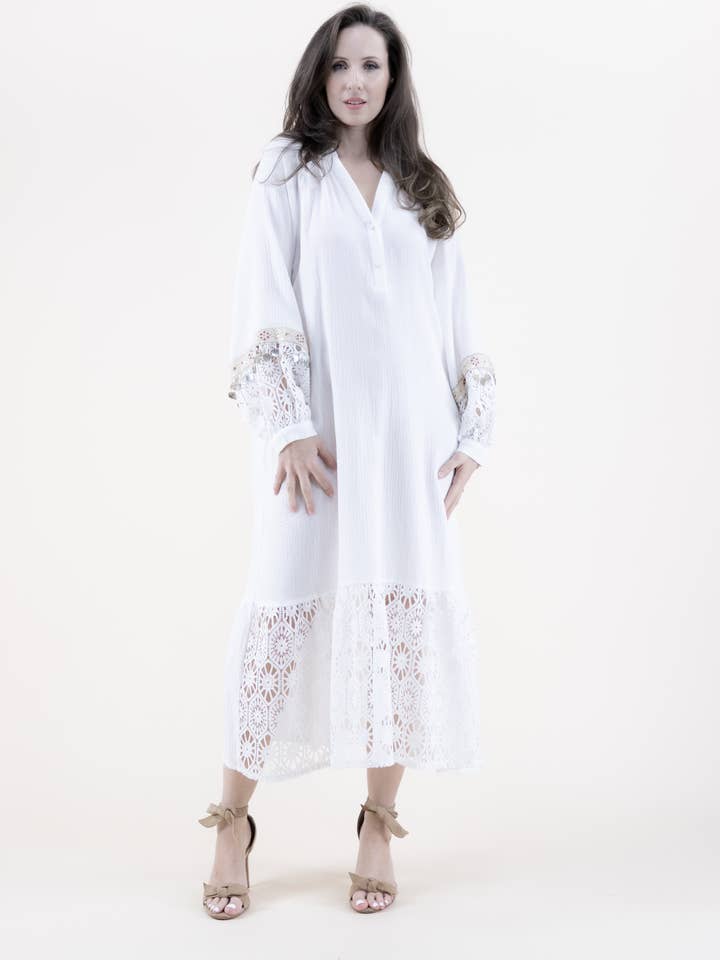 Cotton Gauze & Lace Long Sleeve Ruffle Bottom Tent Dress for wholesale by Original USA