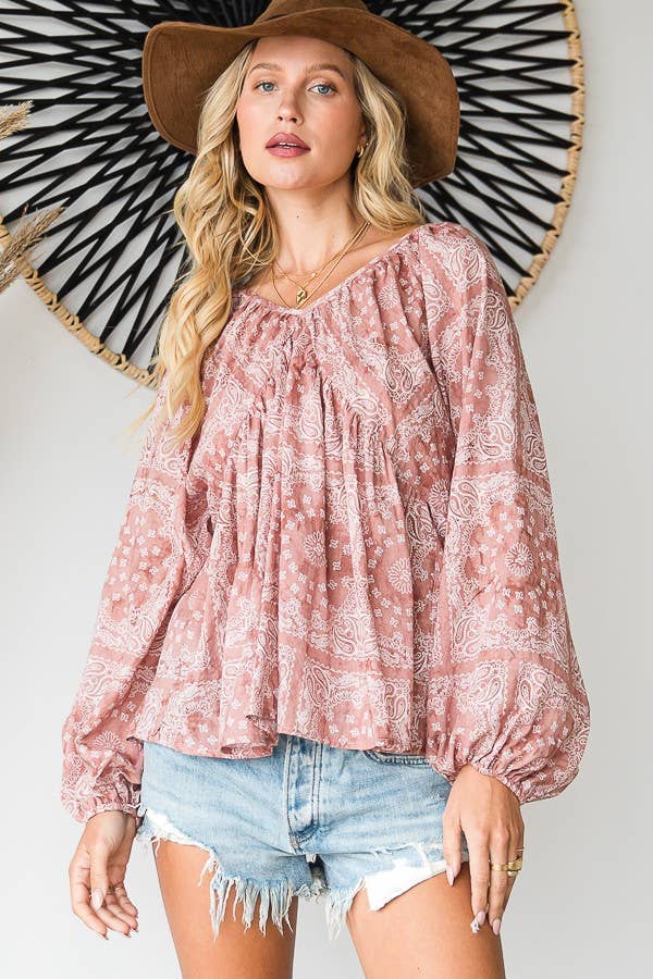 BUCKETLIST OUTLET - Wholesale Blouse - Women's - T1190F OUTLET SALE Bandana Puff Sleeve Flowy Babydoll Top7