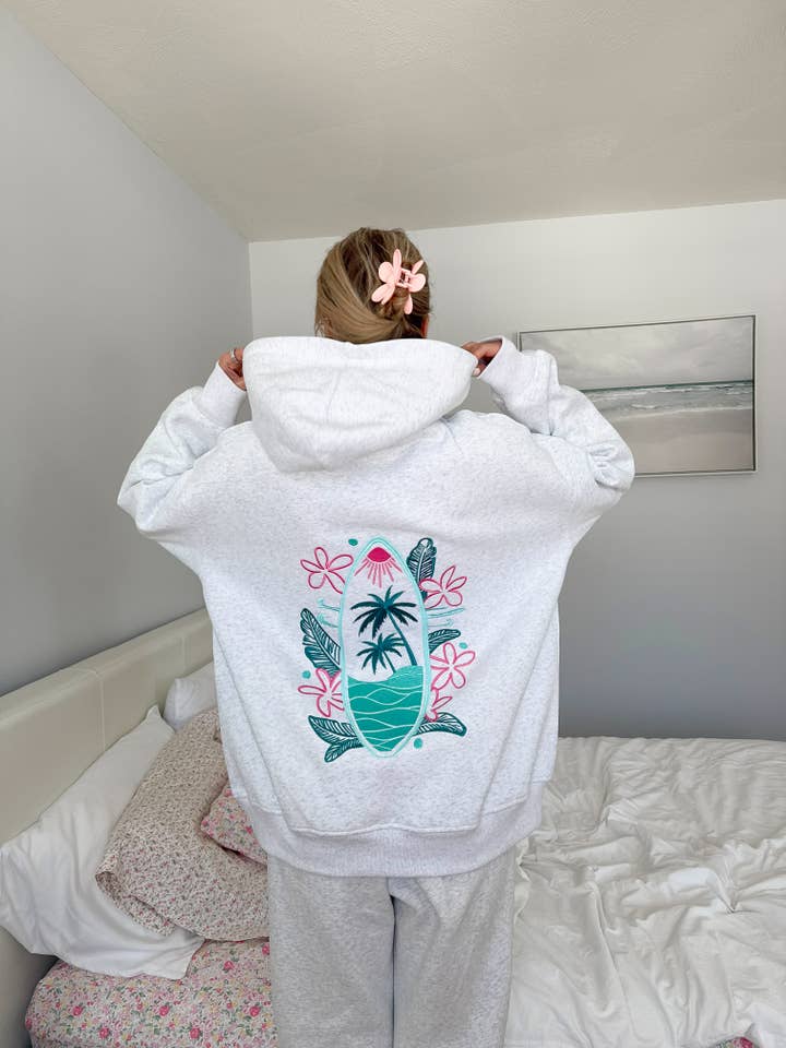 Pearl Grey Surfing The Waves Embroider Hoodie for wholesale on Faire4