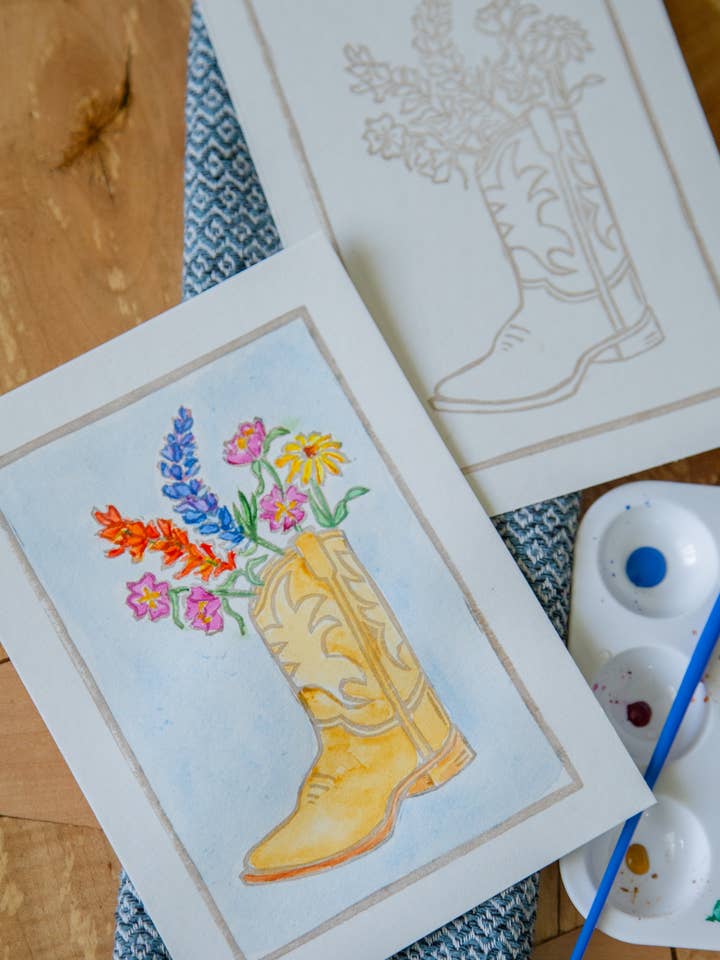 5X7 Cowboy Boot Flowers DIY Watercolor Art Card Kit for wholesale by Ashes & Arbor