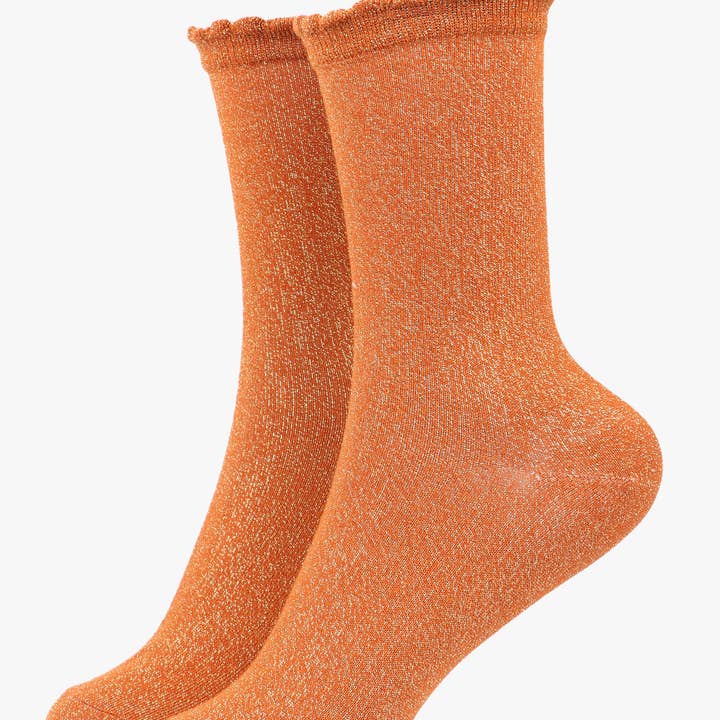Verbrande oranje all-over glittersokken met geschulpte manchet voor wholesale door Sock Talk