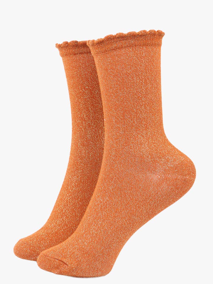 Orangefarbene, durchgehend glitzernde Socken mit gewellter Manschette für den Großhandel von Sock Talk