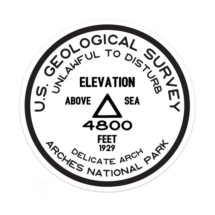 Arches National Park USGS Benchmark Sticker for wholesale by Albion Mercantile Co.