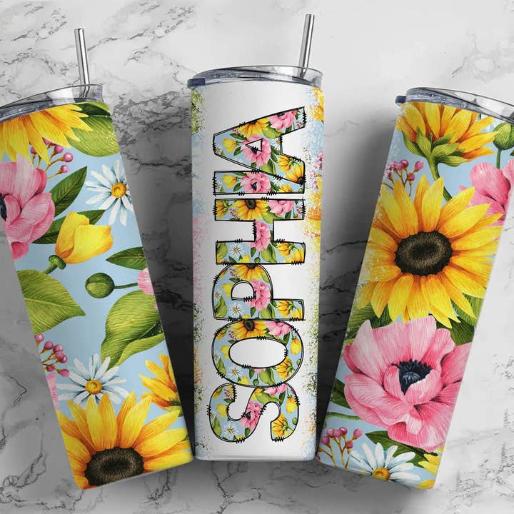 Sunflower Shower Tumbler 20 oz Custom Tumbler for wholesale by Cedar Hill Country Market