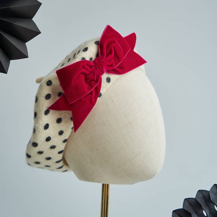 Polka Dot Beret With Dark Pink Velvet Ribbon Bow for wholesale by Imogen's Imagination