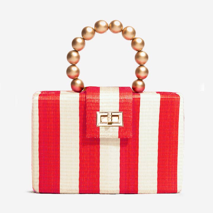 Bolso de Mano de Buntal con Rayas Rojas y Crema y Asa Dorada | Colección de Otoño para venta al por mayor de Soli & Sun