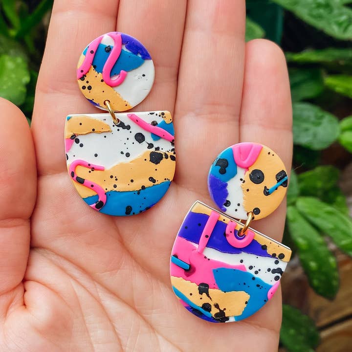 90's Clay Earring, Rainbow Swirl Abstract Art Earring, Polym for wholesale by Lauren Likes Art