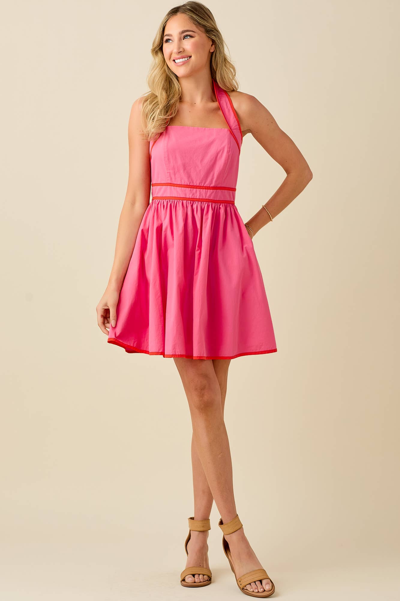 BABY PINK – wholesale Dress – Women's – Halter neck backless mini dress with contrast binding34