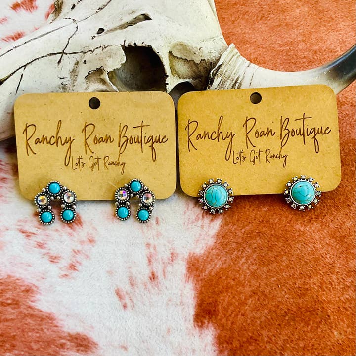 Ranchy Roan Boutique - Wholesale Stud/Post Earrings - Turquoise Western Stud Earrings – Silver Floral Accent Cowgirl Jewelry
