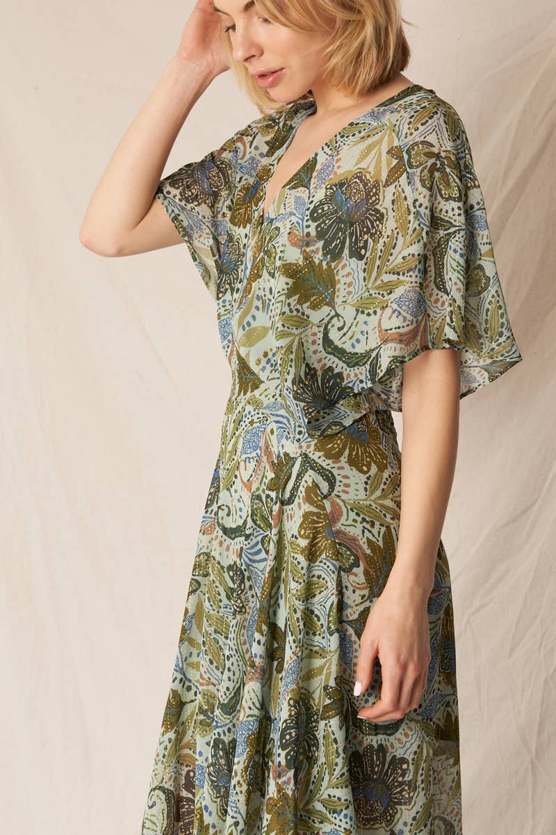 Vert Multi Robe longue en gaze imprimée à col en V en vente sur Faire5