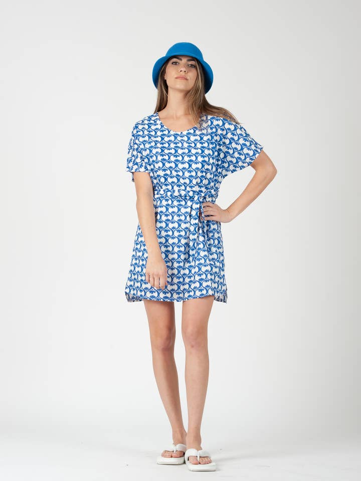 LSD2144-Selene jurk met korte mouwen en korte mouwen - Cobalt Floral voor wholesale door Lucca Couture