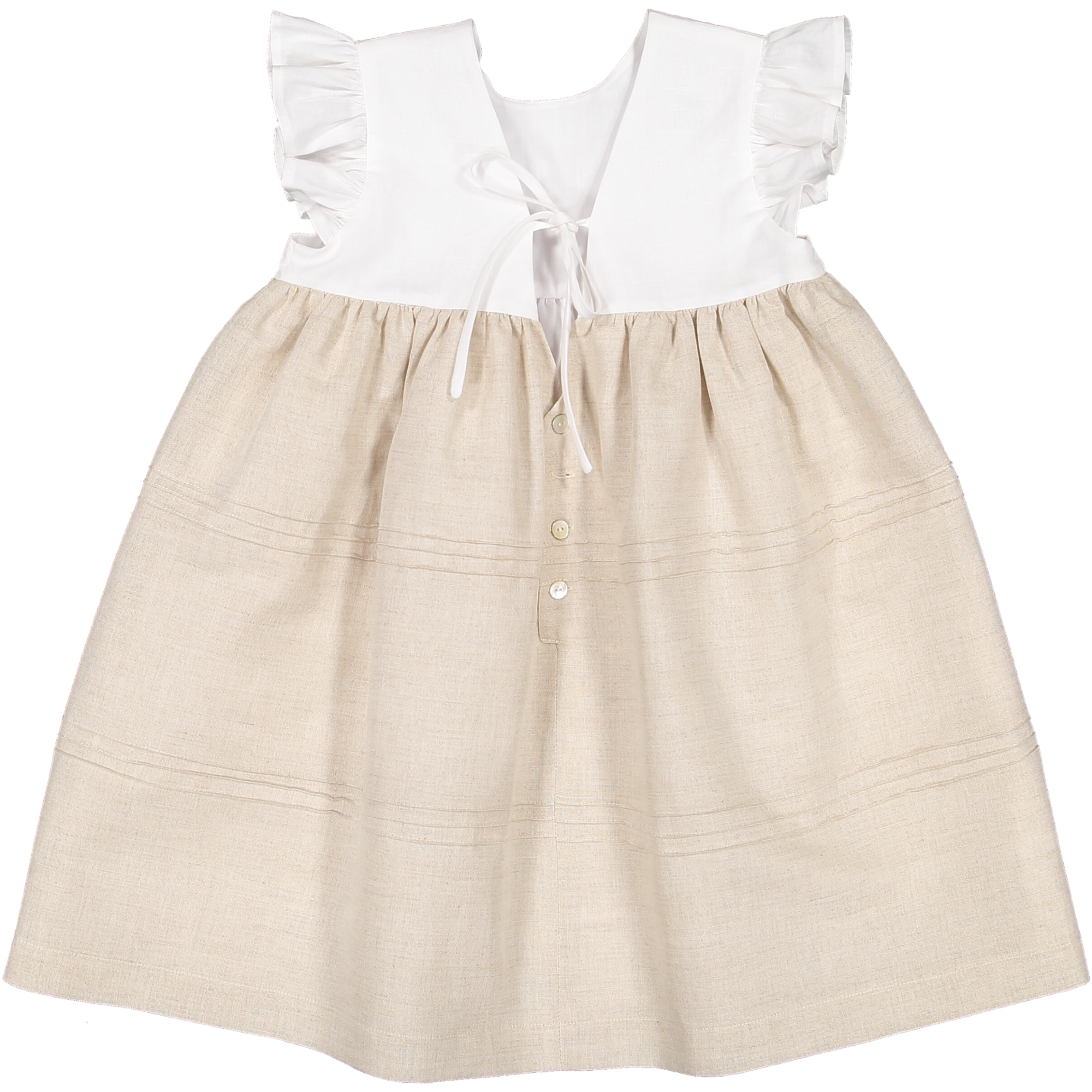 Nós e Tranças - Wholesale Dress - Kids - Vestido Branco&bege Com Nervuras Manga À Cava Com Folho4