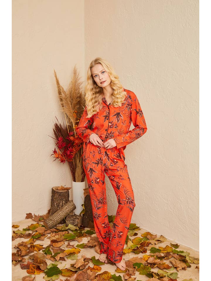 ENNA MODA – wholesale Sleepwear set – Women's – CORAL RED FLORAL DESIGN FRONT BUTTONED LONG PYJAMA SET8