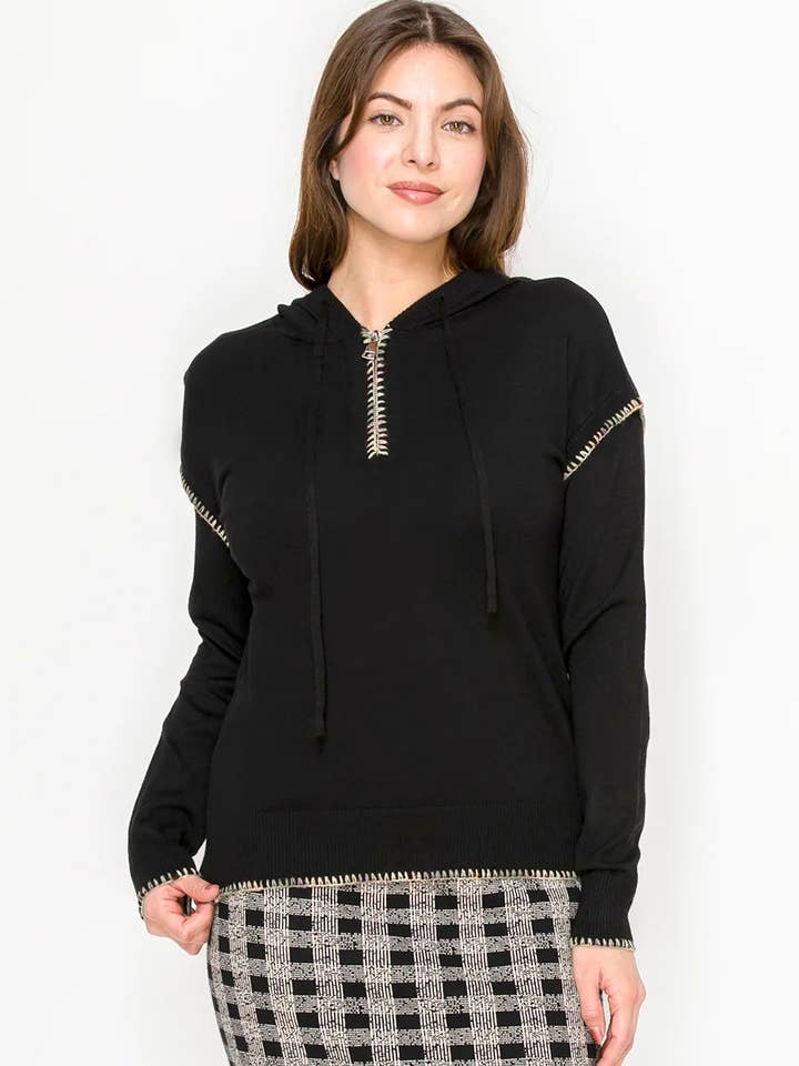 Camisola com Capuz em Malha com Costura Decorativa em Preto por atacado de Yal New York