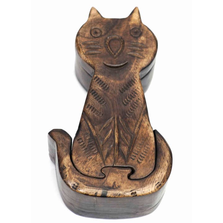 Hand-Carved Cat Puzzle Box – Wood Keepsake Box for wholesale by R. Expo/Song of India