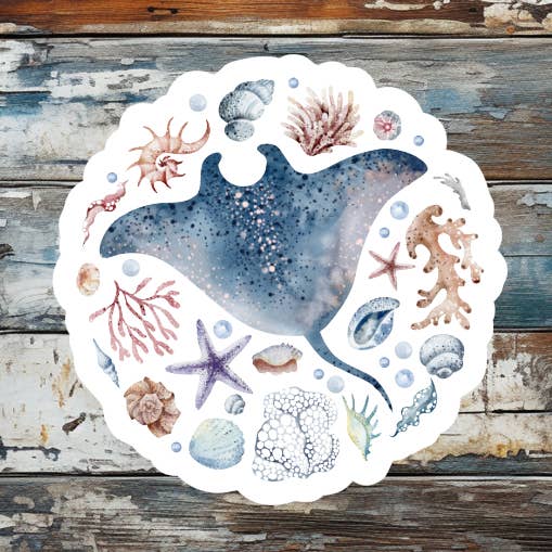 Watercolor Stingray & Shells Die Cut Vinyl Sticker for wholesale by Prairie Chicken Sticker Shop & Gifts