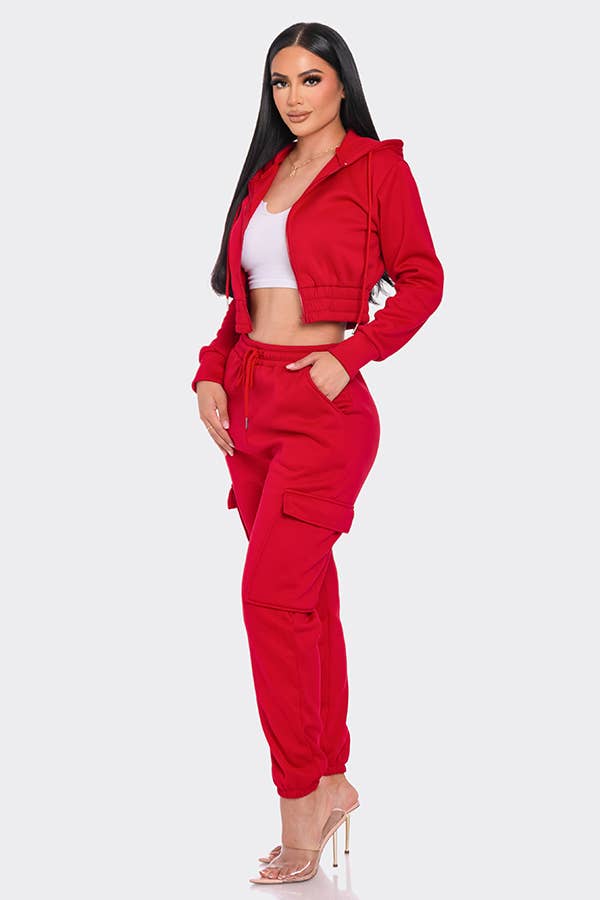 Lime All the Time – Engroshandel Top- og buksesæt (IKKE Loungewear) - Dame – 2 stk beskåret lynlås hættetrøje og Cargo Jogger Bukser Sæt6