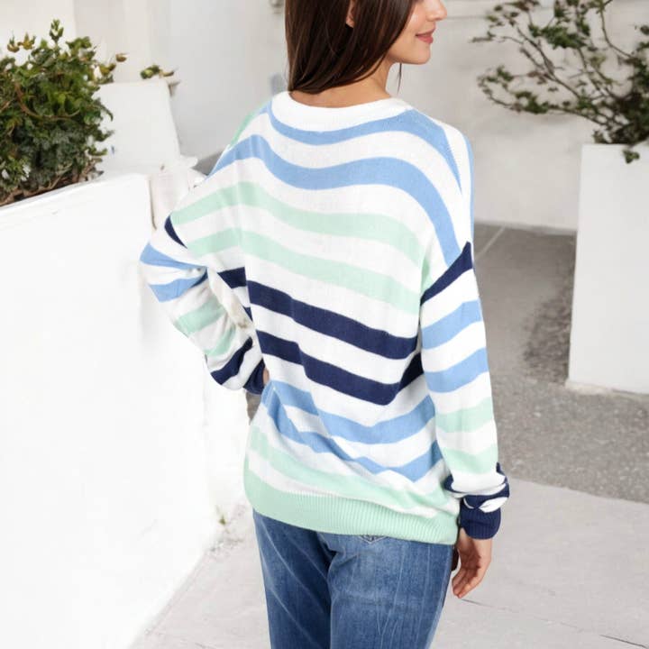 Blue Striped Knit Sweater with Long Sleeves and Relaxed Fit for wholesale on Faire