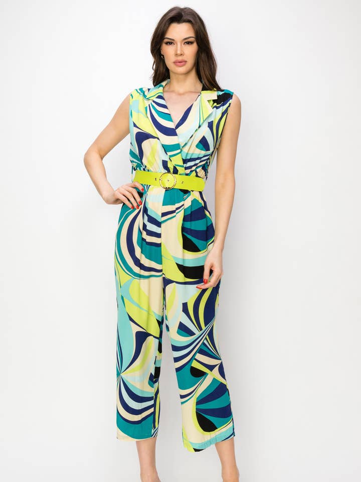 Pagliaccetto senza maniche con scollo a V blu foglia di tè con colletto e cintura in vita per la vendita all'ingrosso da parte di LINZY