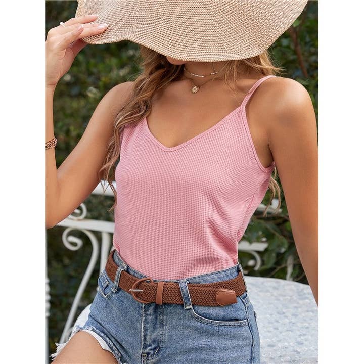PINK Sleeveless V Neck Solid Vest Top for wholesale on Faire1