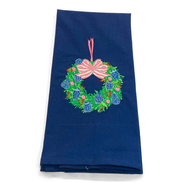 Serviette - Couronne Chinoiserie avec pots à gingembre - Nœud rose sur fond marine pour la vente par Vibrantly Blue