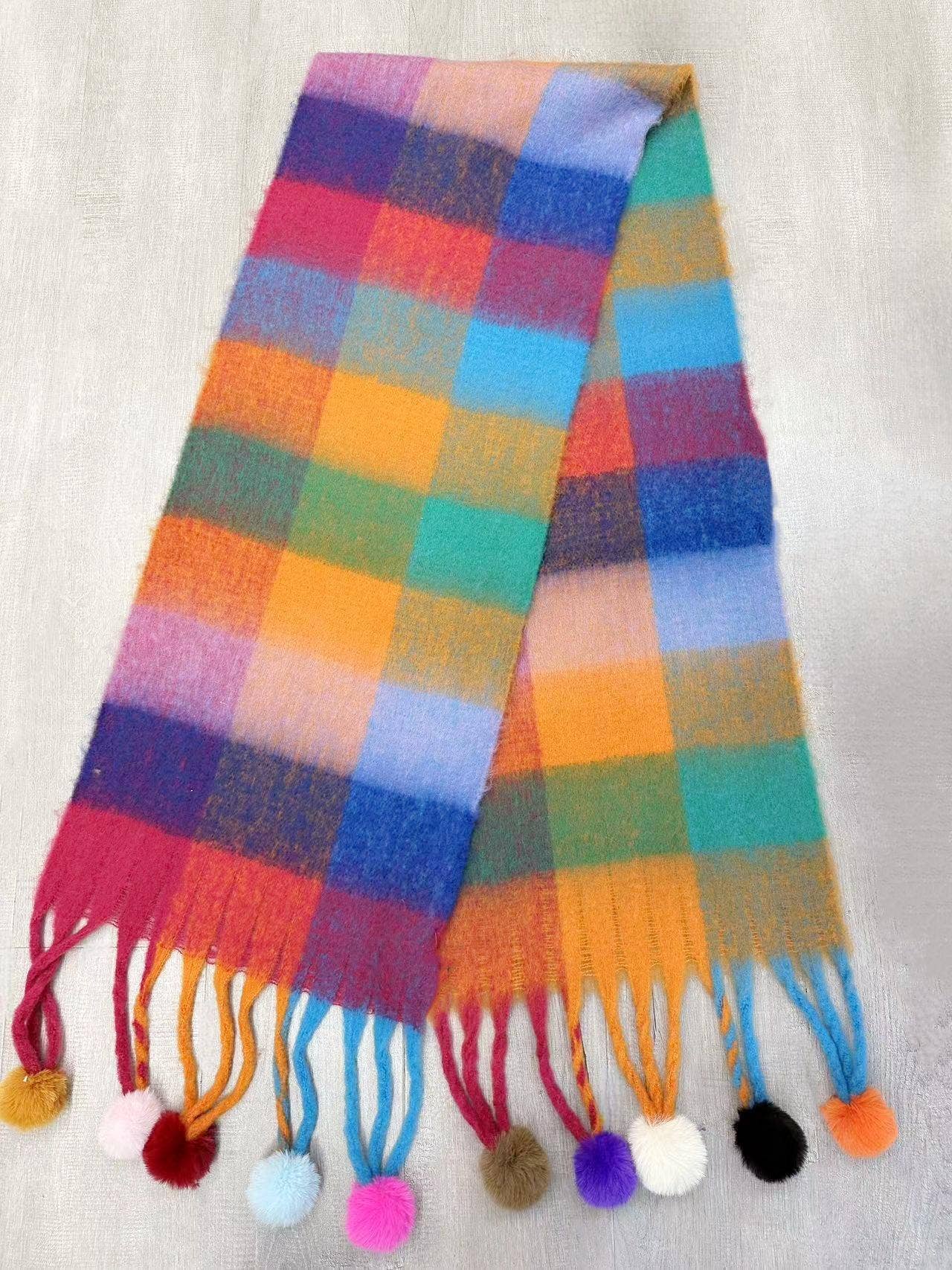 JC Sunny Fashion – wholesale Scarf – Women's – JC023504 Colorful Plaid Fuzzy Pompom Scarf6