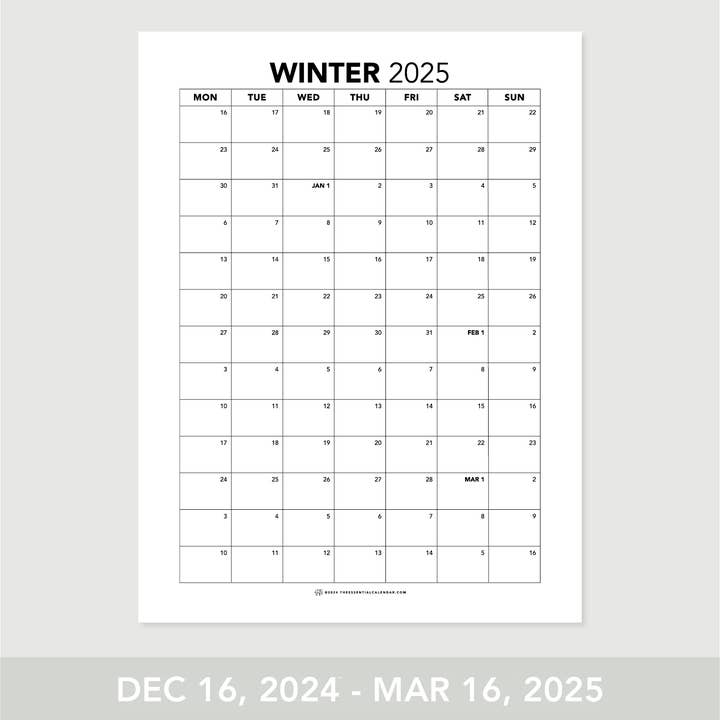 The Essential Calendar - Venta al por mayor Calendario - Calendario trimestral de invierno de 2025 que comienza el lunes