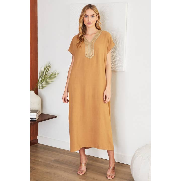 GOLD EMBROIDERED V NECK KAFTAN DRESS-CAMEL (55153) for wholesale by VENTI6