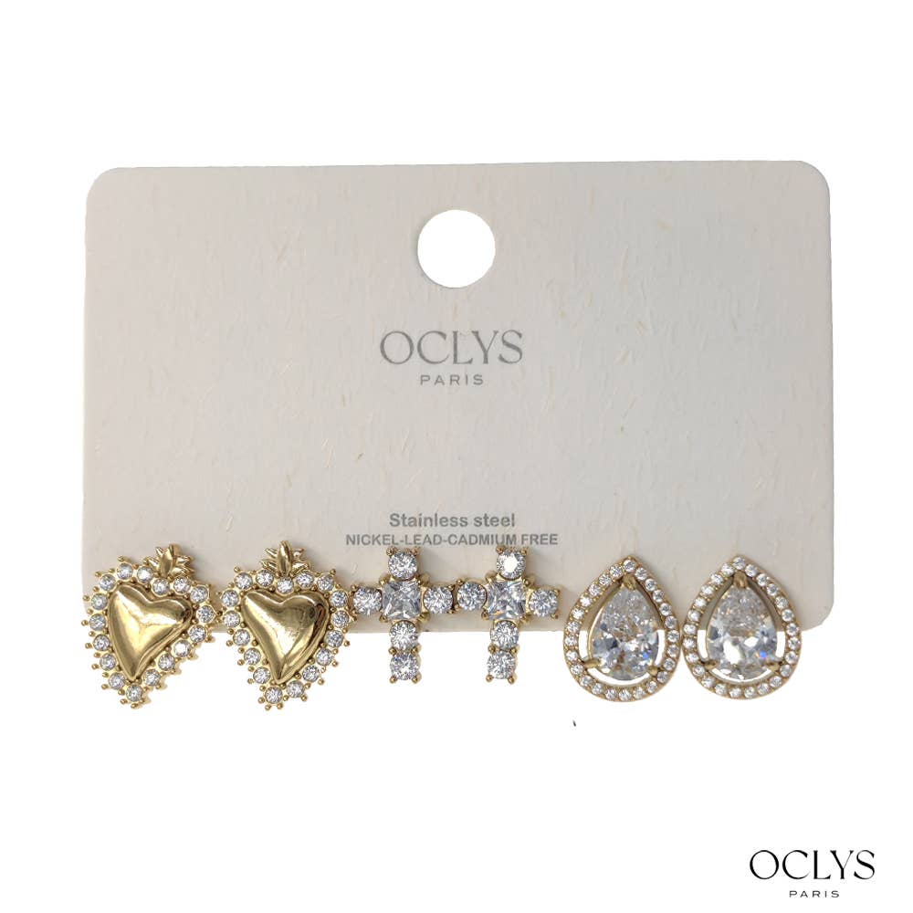 Oclys – Großhandel Schmucksets – 3 Paar Ohrringe mit Strass aus vergoldetem Edelstahl0