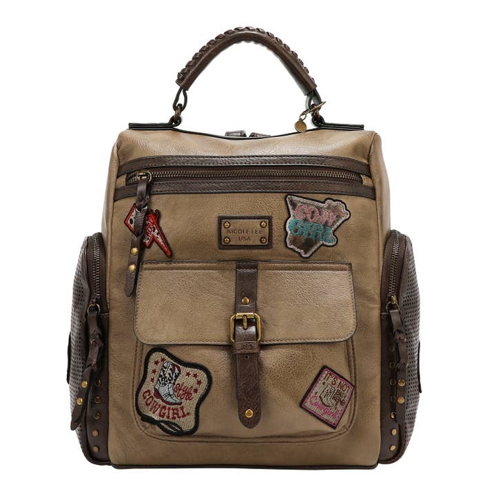 Mochila vintage com patches por atacado de Nicole Lee USA
