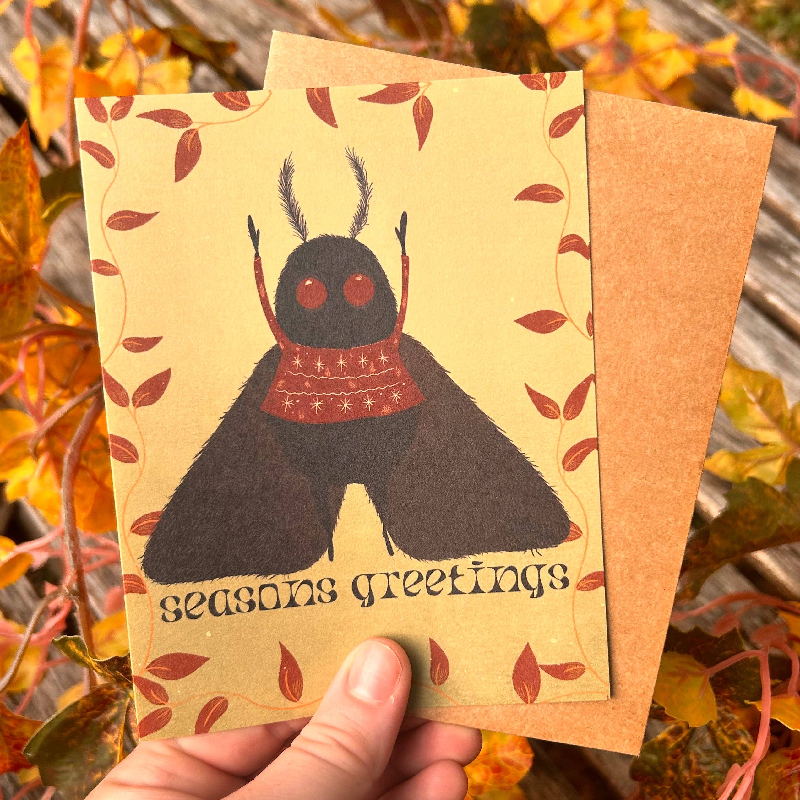 Glitter and Toadstools - Wholesale Season's Greetings Card - Ugly Christmas Sweater Mothman Holiday Card2