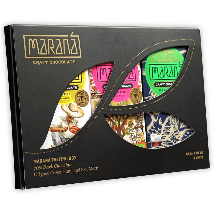 MaranĂ¡ Peruvian Chocolate Tasting Box 70% (3 Mini Bars) for wholesale by Bar & Cocoa Chocolate