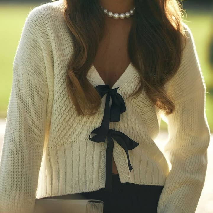 Rosa Clothing - Vente Cardigan – femme - Cardigan en tricot uni avec nœud papillon sur le devant9