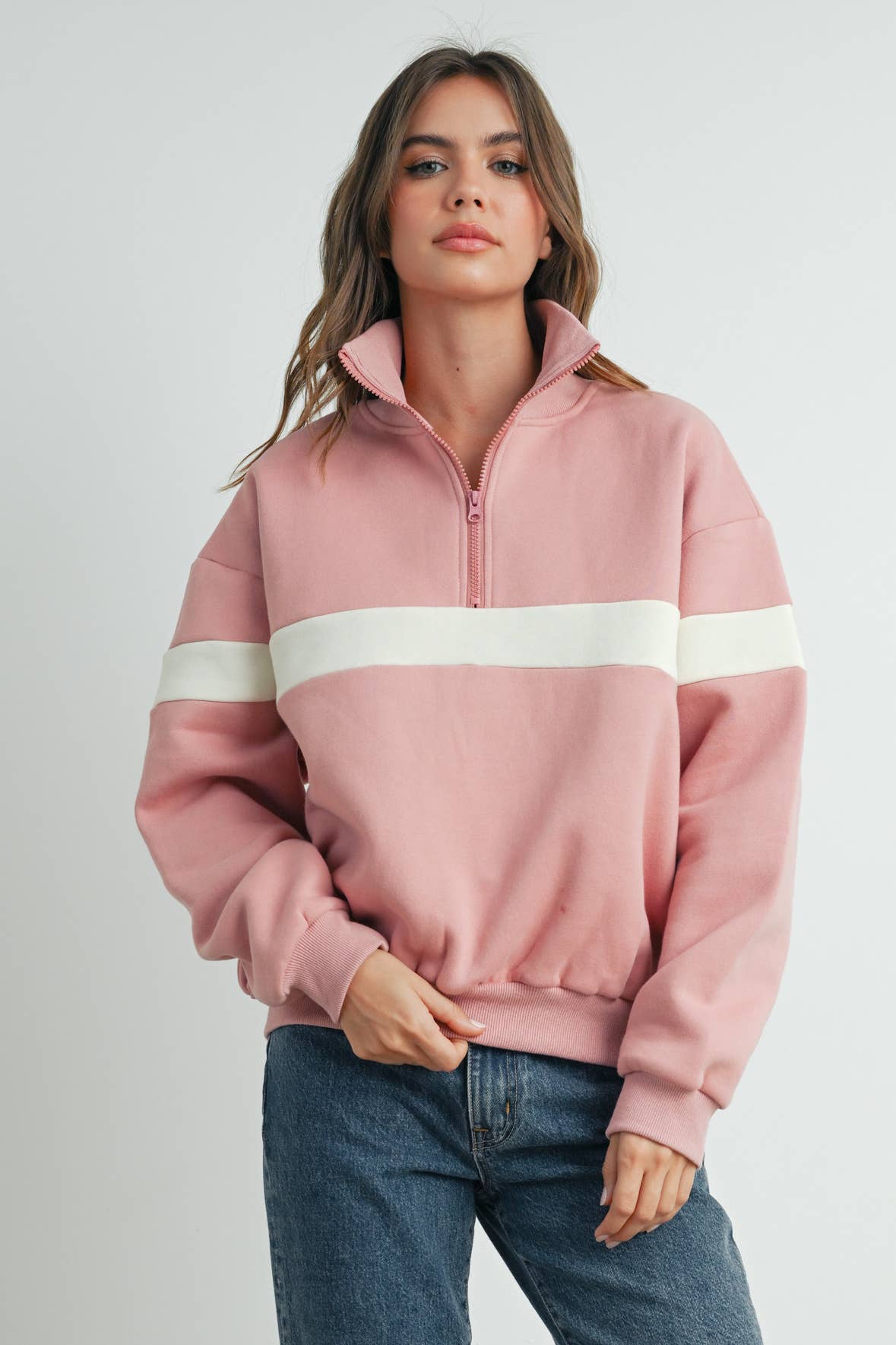 BUTTERMELON - Wholesale Sweatshirt - Women's - Two-Toned Half Zip Collar Sweatshirt - BMT753525