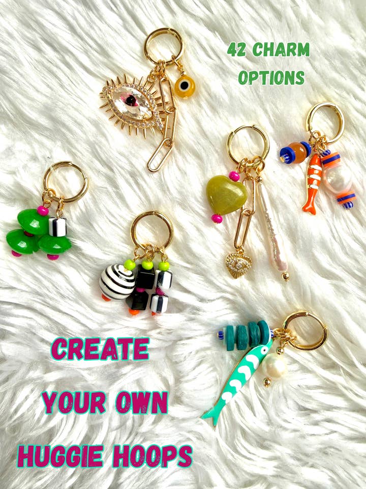 Lav dine egne Huggie Hoops // Farverige, eklektiske // 42 charm muligheder for engroshandel hos XTRA by Stacey