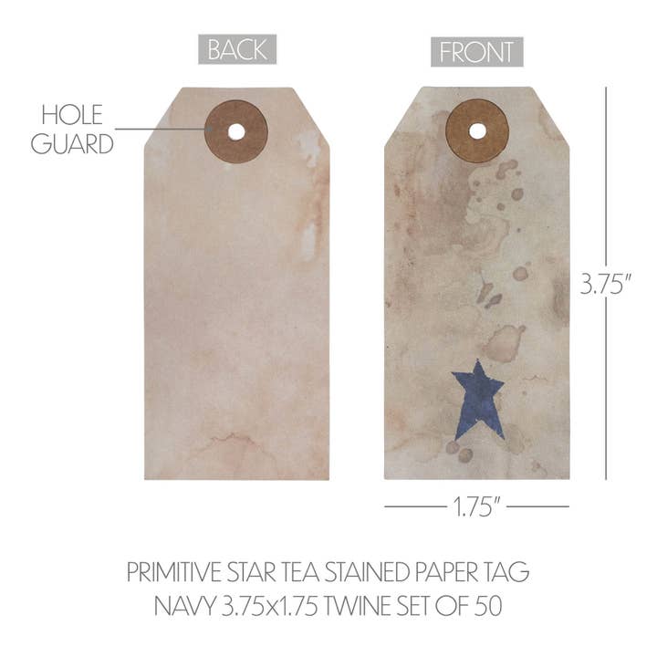 VHC Brands - Wholesale Gift Tag Label - Primitive Star Tea Stained Paper Tag Navy 3.75x1.75 w/ Twine Set of 50