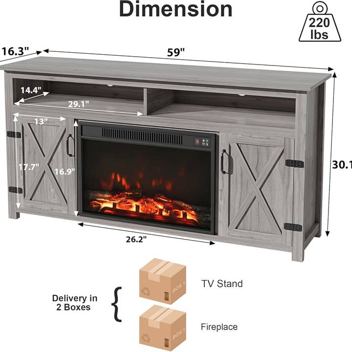 Rustic Fireplace TV Stand 65 Inch with Barn Doors Grey Wash for wholesale on Faire6