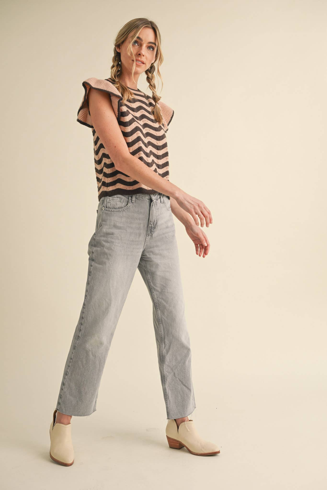 &MERCI - Wholesale Knit Sweater - Women's - WAVY STRIPES FLUTTER SLEEVE SWEATER TOP MSW1050955