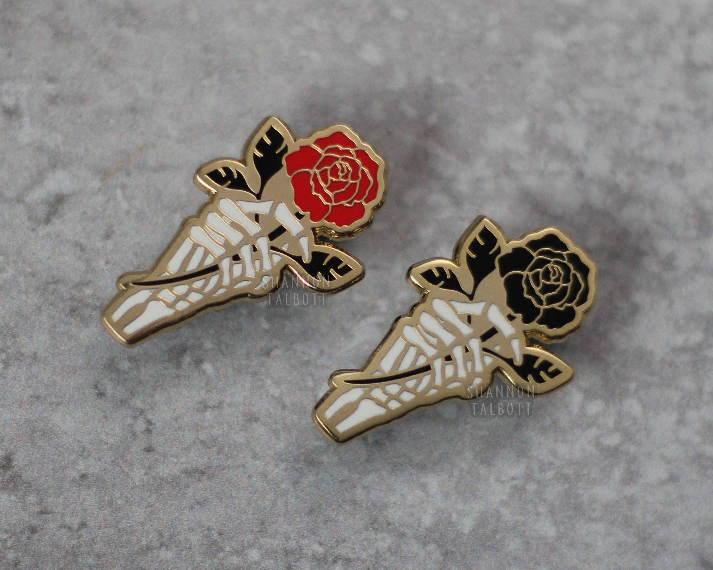 Shannon Talbott - Wholesale Lapel Pin/Button - Skeleton Rose Flower Gothic Enamel Pin - Black2