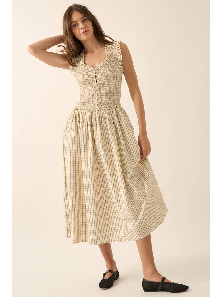 Promesa USA - Wholesale Dress - Women's - Check Plaid Smocked Ruffled Midi Dress