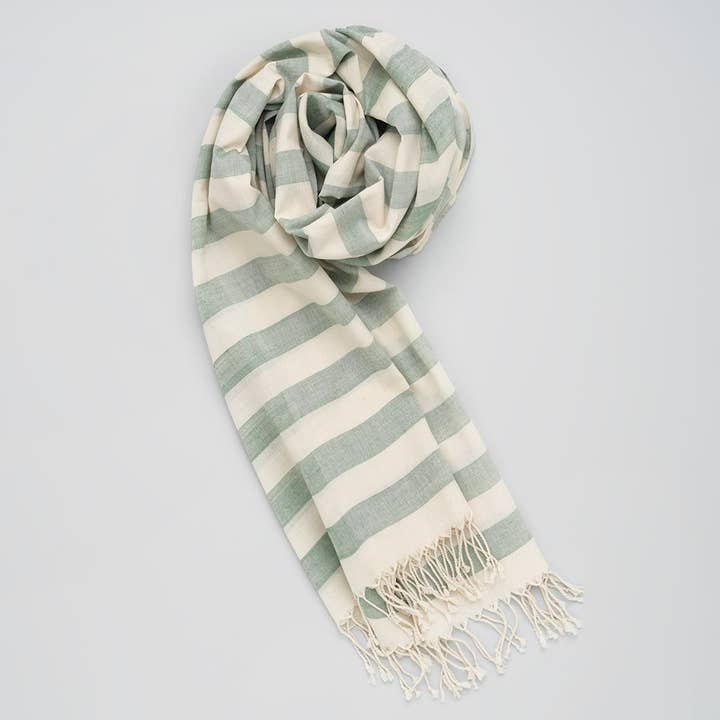 Scarf, Green-White Stripes for wholesale by Kala Swaraj Foundation by Global & Green Textiles