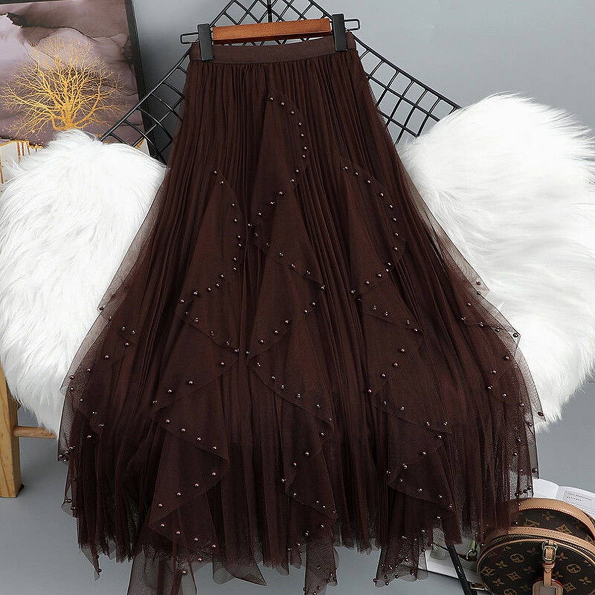 ACCITY - Wholesale Skirt - Women's - BEADED MESH PLEATED SKIRT A LINE TULLE SKIRT_CWBLS03986