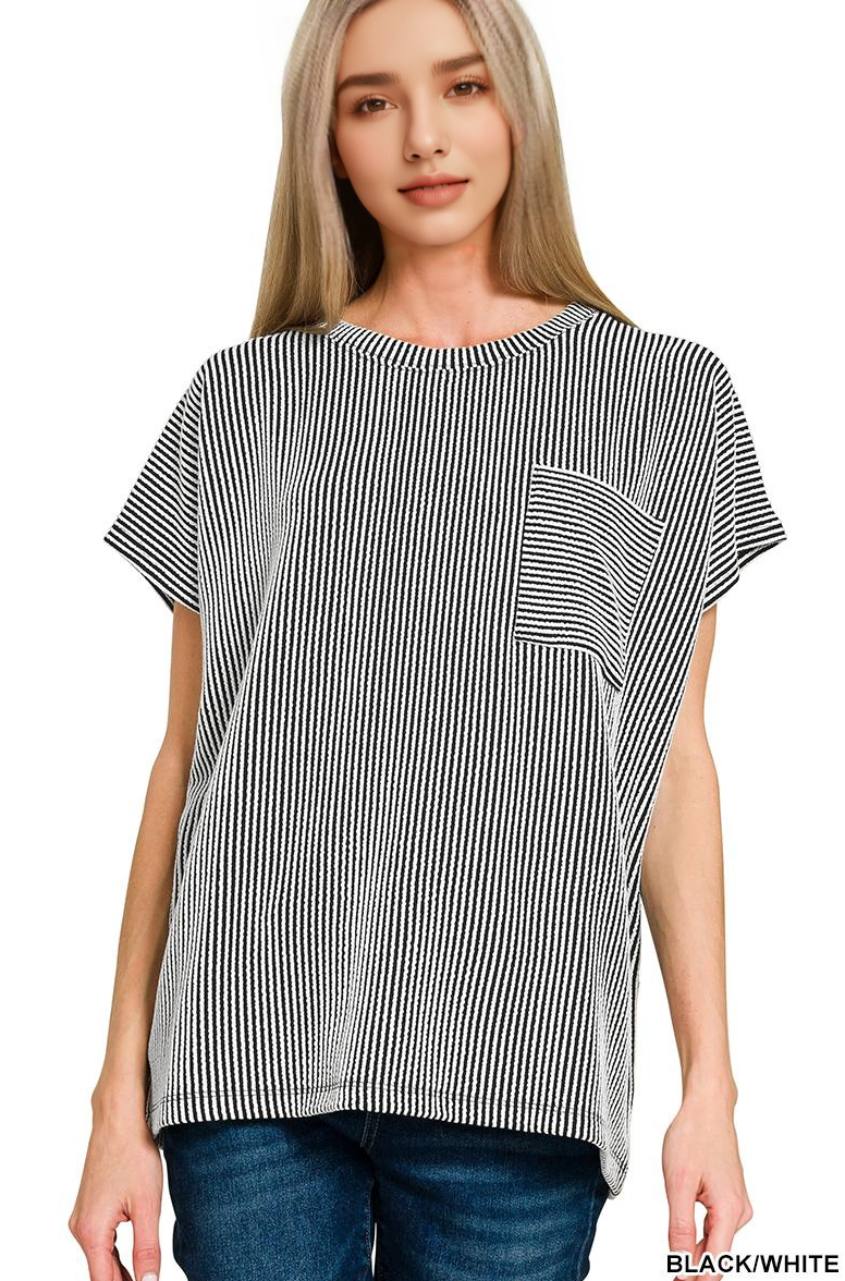 42POPS - Wholesale Knit Top - Women's - ....0902 Raised Rib Front Pocket Boxy Top SI-287132