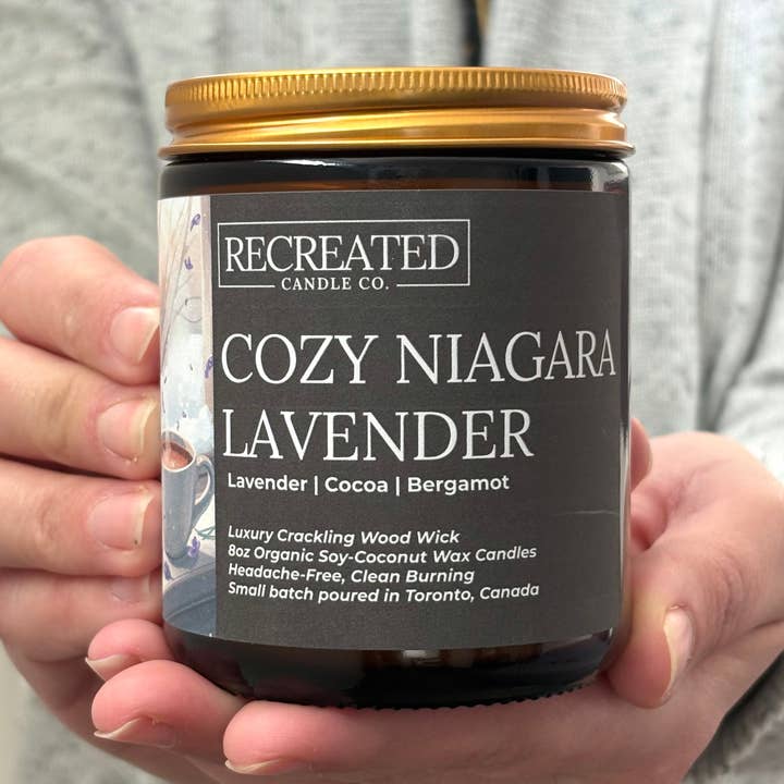 Cozy Niagara Lavender 8oz Candle for wholesale by Recreated Candle Co.