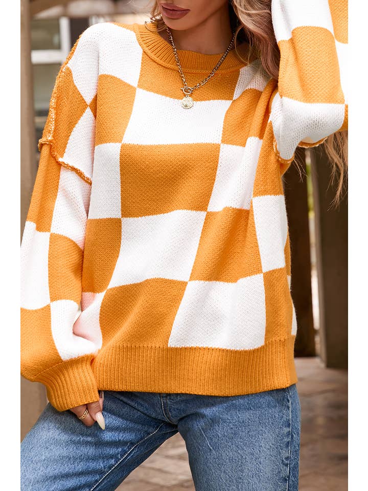 Little Daisy Closet - Wholesale Knit Sweater - Women's - LDC Checkered Bishop Sleeve Sweater